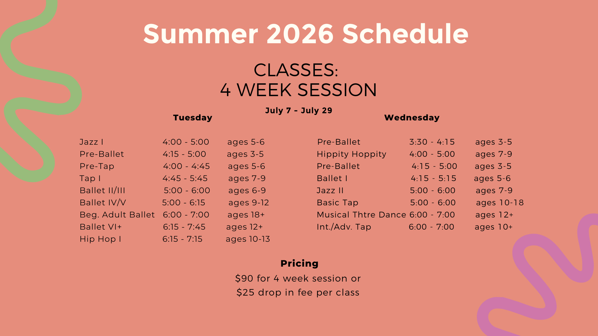 Summer 2026 Weekly Class Schedule